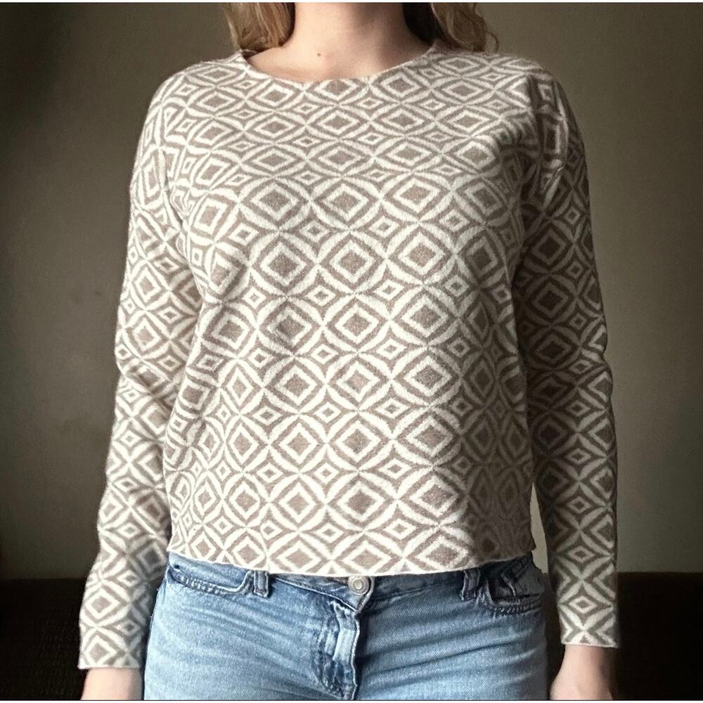 H by Halston Geometric Diamond Knit Sweater Taupe Ivory Size S Elevated Neutral